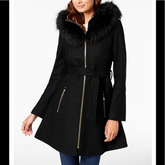 Laundry By Shelli Segal Jackets & Blazers - NWT,Laundry wool blend hooded fur coat belted,navy